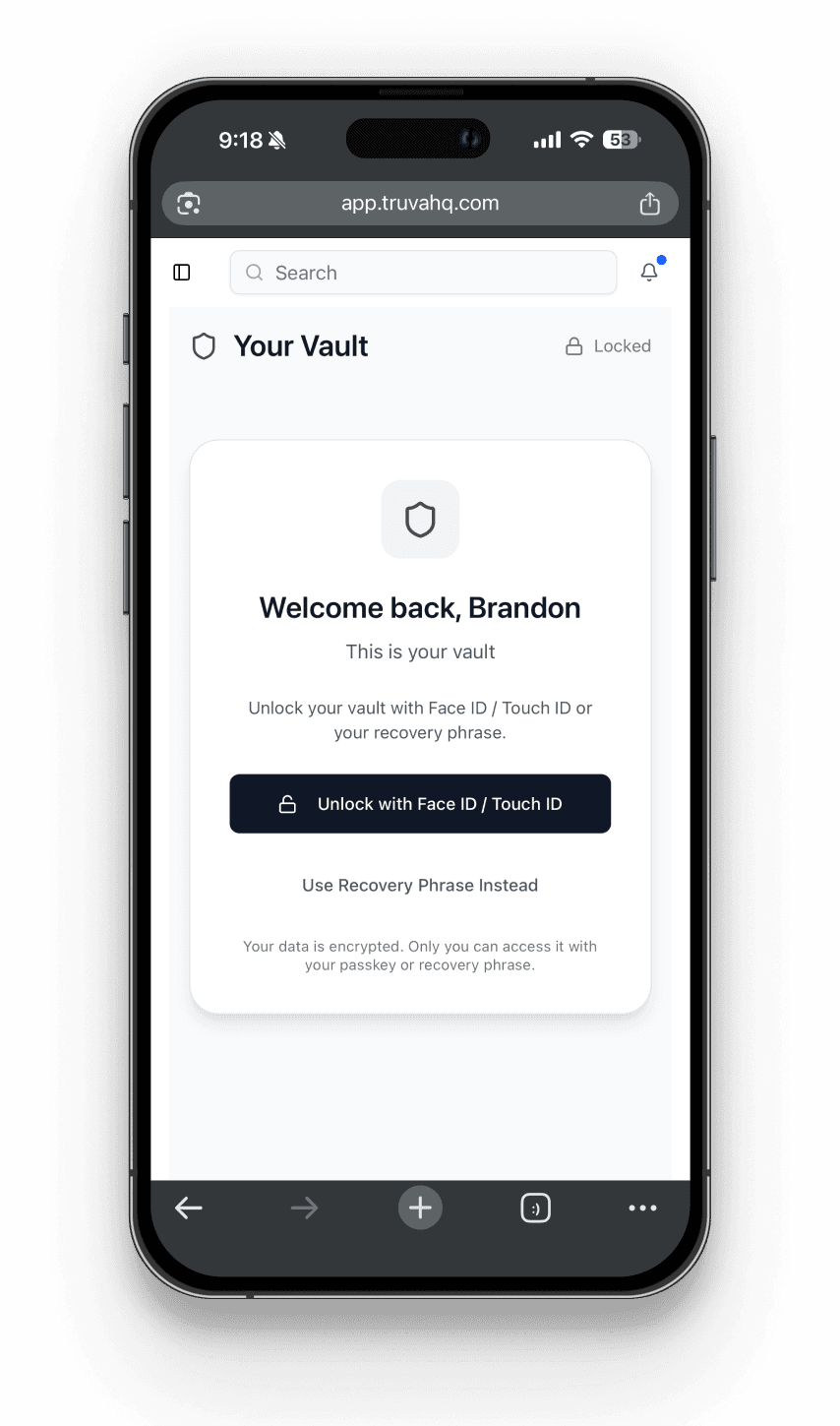 TruVault app mockup